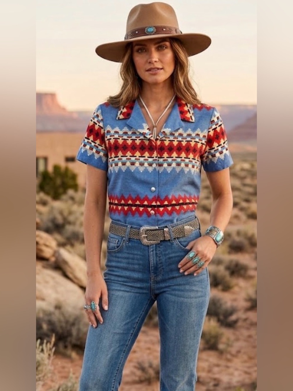 Vintage rough rider by circle T southwestern shirt geometric tribal concho botto